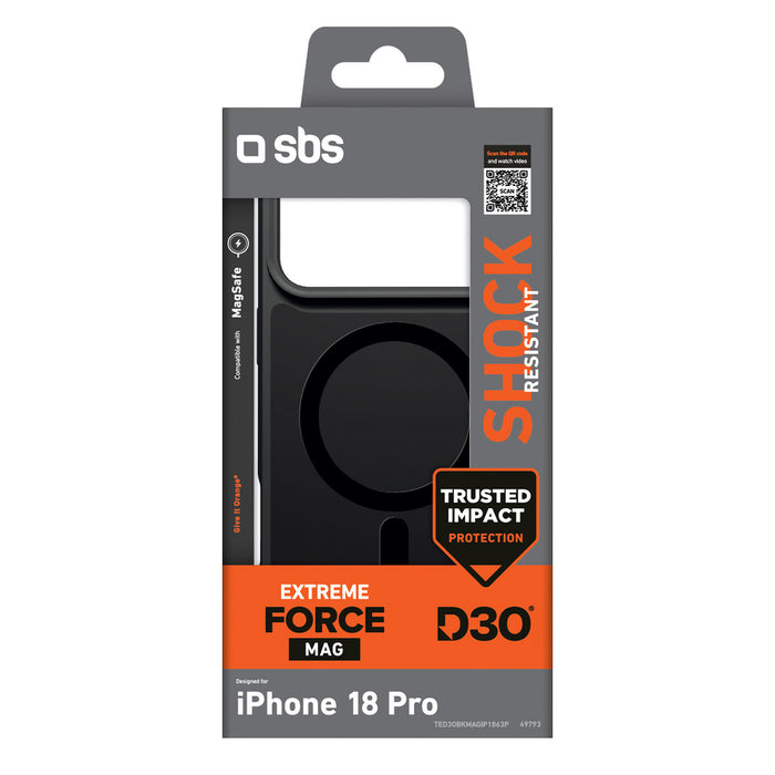 Калъф SBS D3O Force за iPhone 18 Pro, съвместим с MagSafe - черен