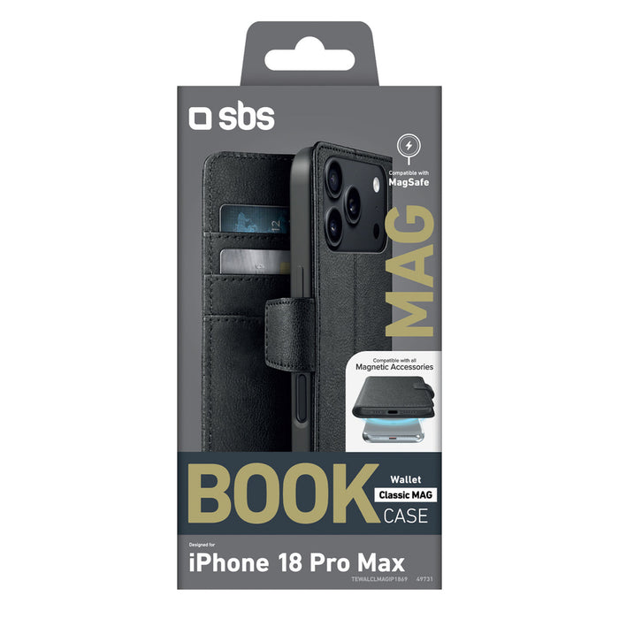 Калъф SBS Wallet Classic Mag за iPhone 18 Pro Max с портфейл и стойка, съвместим с MagSafe - черен