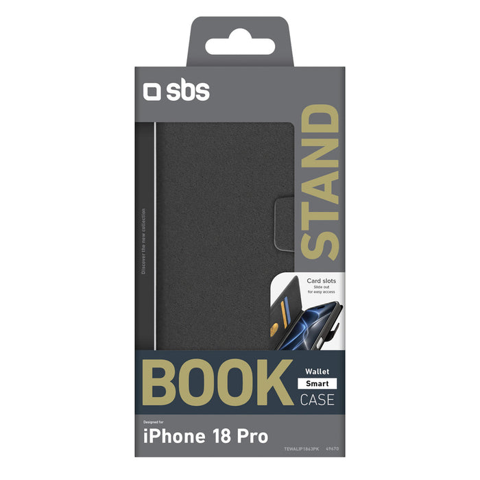SBS Wallet Smart Case за iPhone 18 Pro с портфейл и стойка - черен