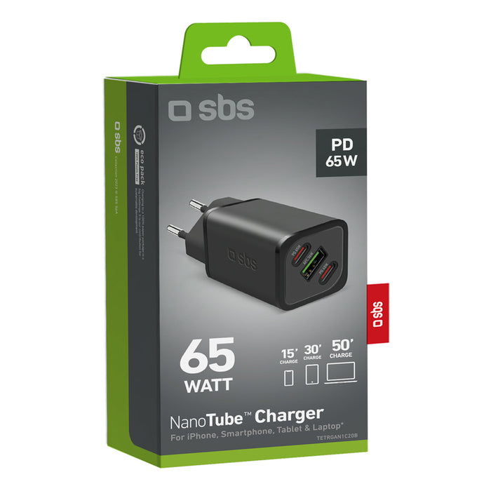 Зарядно устройство за лаптоп SBS 65W 220V PD GaN 2xC+A 43893