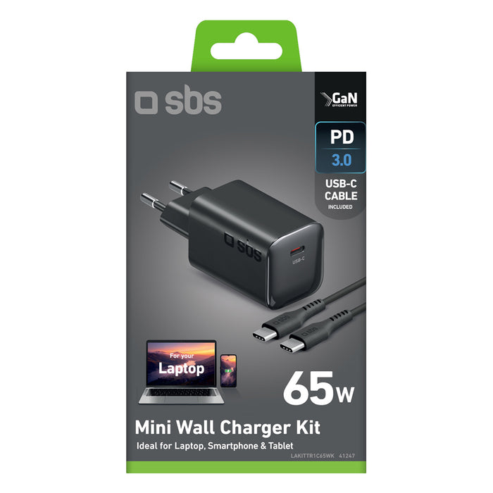 Зарядно устройство за лаптоп SBS 220V 65W PD GaN 1xUSB-C 41247 Black USB-C Cable 2 m