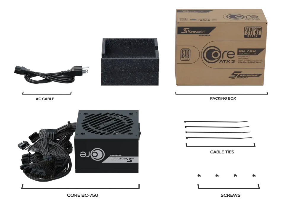 Захранващ блок Seasonic CORE BC 750W 80+ Bronze, ATX 3.1, PCIe 5.1