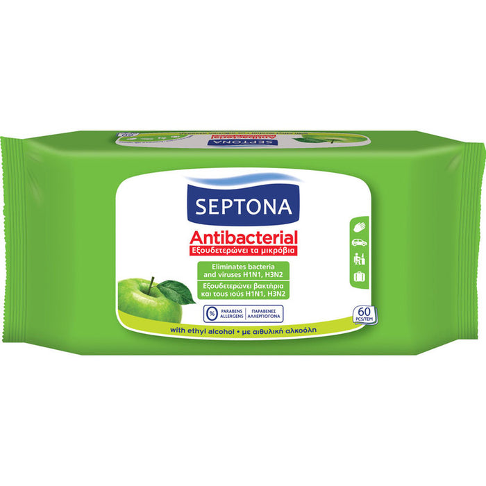 АНТИБАКТЕРИАЛНИ ВЛАЖНИ КЪРПИ 60 БР GREEN APPLE SEPTONA ЗЕЛЕНА ЯБЪЛКА 60 БР
