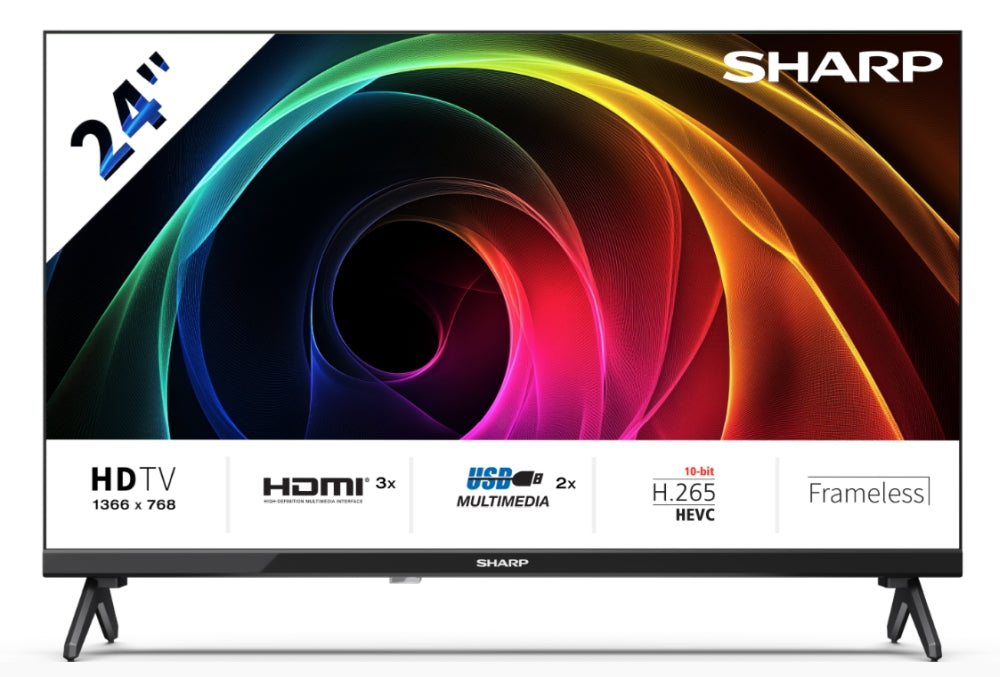 Sharp 24HA1205E, 24" LED HD 1366x768 без рамка, 100 000:1, DVB-T/T2/C/S/S2, Active Motion 100, високоговорител 2x3W, Dolby Digital, CI+, 3xHDMI (ARC/CEC), 2xUSB, LAN, видео/аудио вход (3 x RCA), хотелски режим, E, 2-полюсна стойка