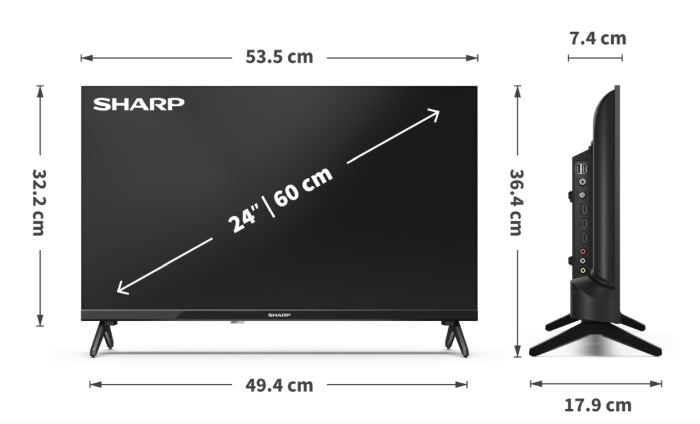 Sharp 24HA1205E, 24" LED HD 1366x768 без рамка, 100 000:1, DVB-T/T2/C/S/S2, Active Motion 100, високоговорител 2x3W, Dolby Digital, CI+, 3xHDMI (ARC/CEC), 2xUSB, LAN, видео/аудио вход (3 x RCA), хотелски режим, E, 2-полюсна стойка
