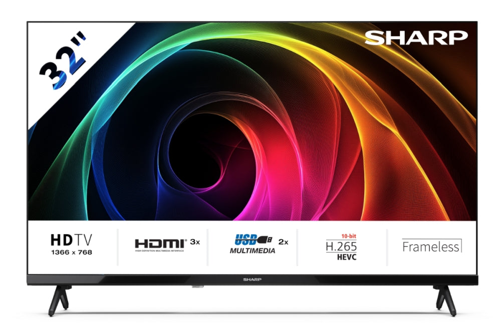 Sharp 32HA1205E, 32" LED HD 1366x768 HD без рамка, 100 000:1, DVB-T/T2/C/S/S2, Active Motion 100, високоговорители 2x8W, Dolby Digital, CI+, 3xHDMI (ARC/CEC), 2xUSB, LAN, видео/аудио вход (3 x RCA), хотелски режим, E, 2-полюсна стойка