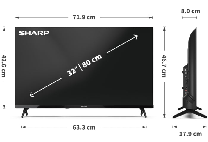 Sharp 32HA1205E, 32" LED HD 1366x768 HD без рамка, 100 000:1, DVB-T/T2/C/S/S2, Active Motion 100, високоговорители 2x8W, Dolby Digital, CI+, 3xHDMI (ARC/CEC), 2xUSB, LAN, видео/аудио вход (3 x RCA), хотелски режим, E, 2-полюсна стойка