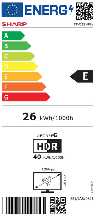 Sharp 32HF3265E, 32" QLED Google TV, HD 1366x768 без рамка, 1 000 000:1, DVB-T/T2/C/S/S2, HDR10, 2x8W високоговорителя, Dolby Digital, Google Cast, 3xHDMI (ARC/CEC), CI+, 3.5mm жак за слушалки / линеен изход, RJ 45, 2xUSB, Wi-Fi, Bluetooth, Mini Composite