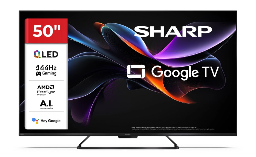 Sharp 50HR7265E, 50" QLED GOOGLE телевизор, 4K 144Hz Quantum Dot 3840x2160 без рамка, AQUOS AI, DVB-T/T2/C/S/S2, Active Motion 1400, HDR10, Dolby Atmos, Dolby Vision, DTS:X, Google Assistant, HDMI eARC, Mini Composite/CVBS + аудио вход, USB, Wi-Fi, Blueto