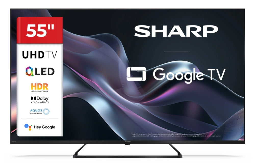 Sharp 55HP6265E, 55" QLED Google TV, 4K Ultra HD 3840x2160 без рамка, 1 000 000:1, AQUOS, DVB-T/T2/C/S/S2, Active Motion 1000, HDR10, Dolby Atmos, Dolby Vision, Google Assistant, Google Cast, HDMI 2.1 с eARC, 3.5 мм жак за слушалки / линеен изход, USB, Wi