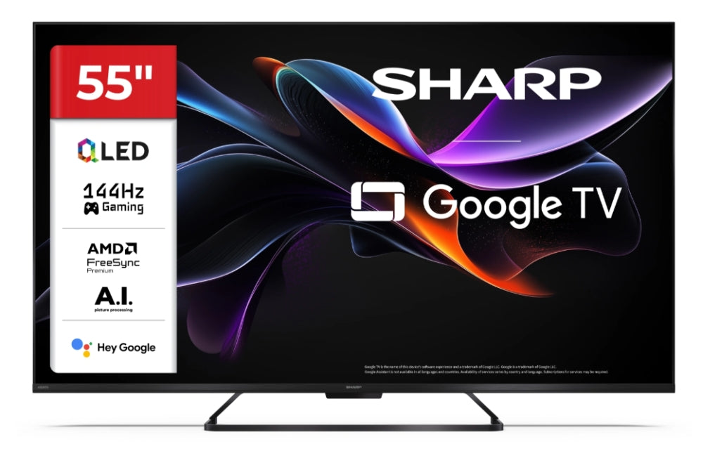 Sharp 55HR7265E, 55" QLED GOOGLE телевизор, 4K 144Hz Quantum Dot 3840x2160 без рамка, AQUOS AI, DVB-T/T2/C/S/S2, Active Motion 1400, HDR10, Dolby Atmos, Dolby Vision, DTS:X, Google Assistant, HDMI eARC, Mini Composite/CVBS + аудио вход, USB, Wi-Fi, Blueto