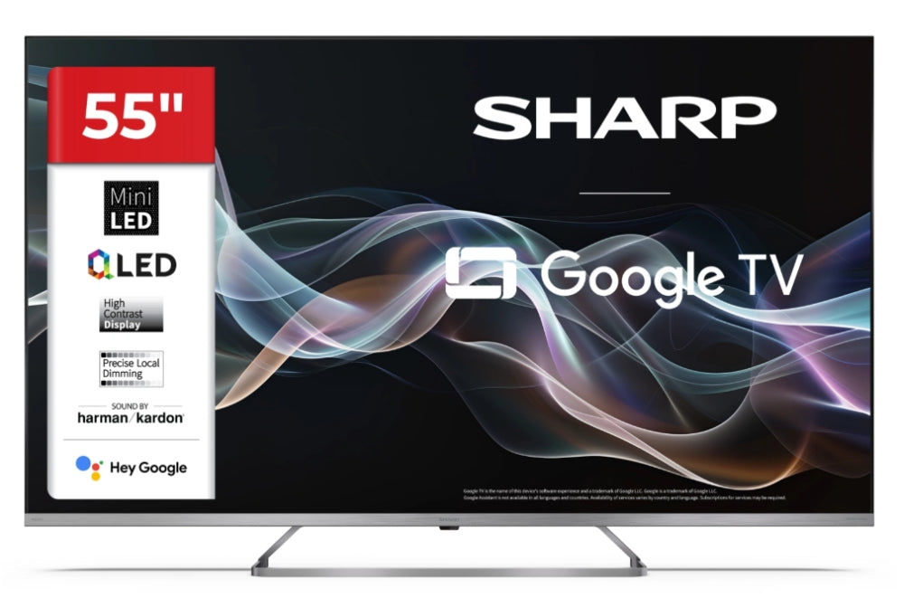 Sharp 55JP7265E, 55" QLED Mini LED Google TV, 4K Ultra HD 3840x2160 без рамка, AQUOS, DVB-T/T2/C/S/S2, Active Motion 1000, HDR10, Dolby Atmos, Dolby Vision, Google Assistant, HARMAN/KARDON, HDMI 2.1 с eARC, 3.5 мм жак за слушалки / линеен изход, USB, Wi-F