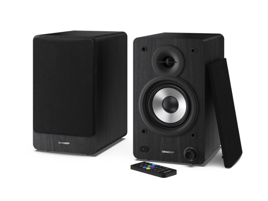 Sharp Audio Systems CP-SS30(BK), Hifi Systems BOOKSHELF SPEAKERS 60W (2 x 30W) RMS 2, Bluetooth v5.0, USB възпроизвеждане, MP3 аудио декодер, RCA L/R In, 3,5 mm Aux-in / line-in, Цифров оптичен вход, Дървена високоговорител, Черен