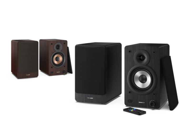 Sharp Audio Systems CP-SS30(BK), Hifi Systems BOOKSHELF SPEAKERS 60W (2 x 30W) RMS 2, Bluetooth v5.0, USB възпроизвеждане, MP3 аудио декодер, RCA L/R In, 3,5 mm Aux-in / line-in, Цифров оптичен вход, Дървена високоговорител, Черен