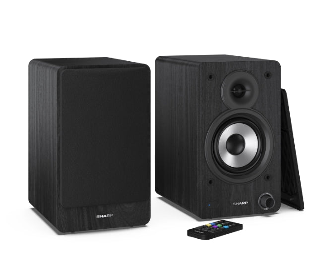 Sharp Audio Systems CP-SS30(BK), Hifi Systems BOOKSHELF SPEAKERS 60W (2 x 30W) RMS 2, Bluetooth v5.0, USB възпроизвеждане, MP3 аудио декодер, RCA L/R In, 3,5 mm Aux-in / line-in, Цифров оптичен вход, Дървена високоговорител, Черен