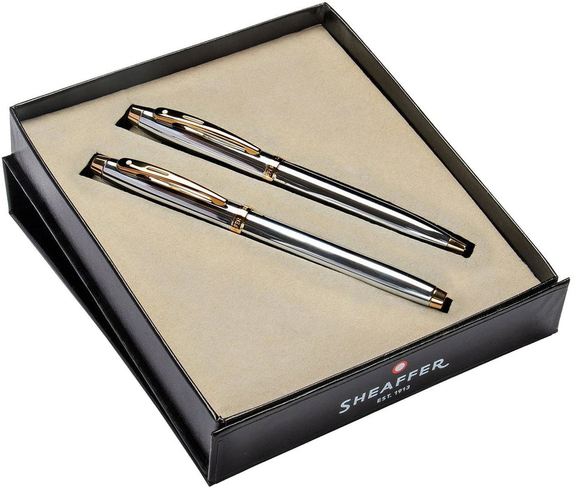 Комплект писалка и химикалка Sheaffer 100 - Bright Chrome with Gold Trim