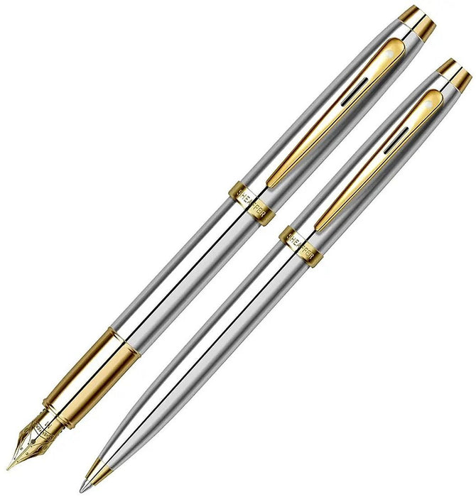 Комплект писалка и химикалка Sheaffer 100 - Bright Chrome with Gold Trim