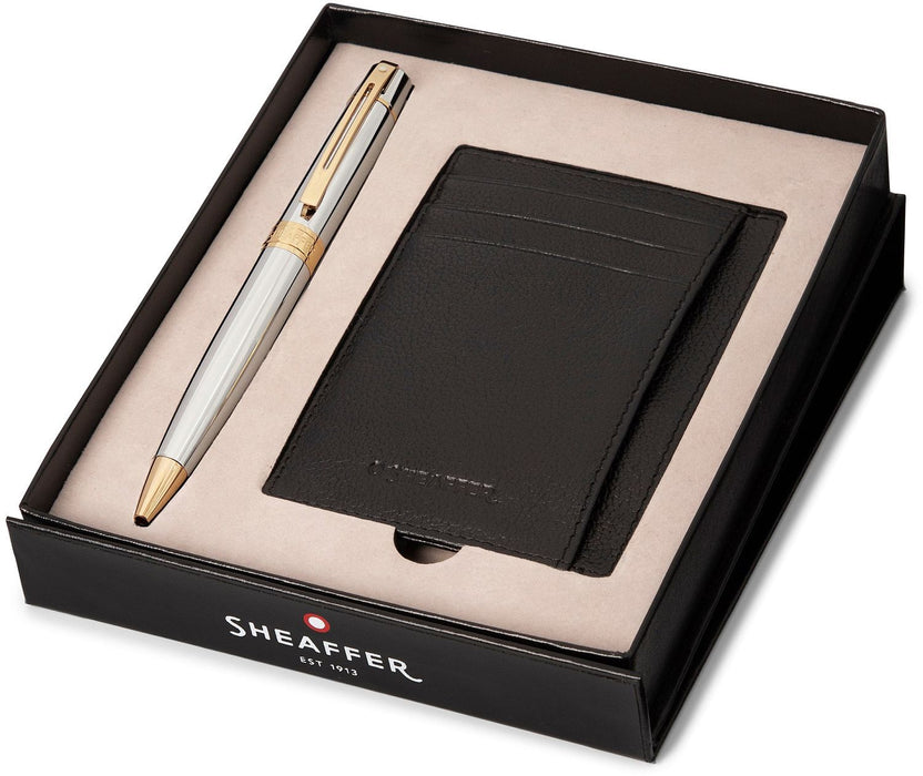Комплект химикалка Sheaffer 300 - Bright Chrome, с калъф за карти