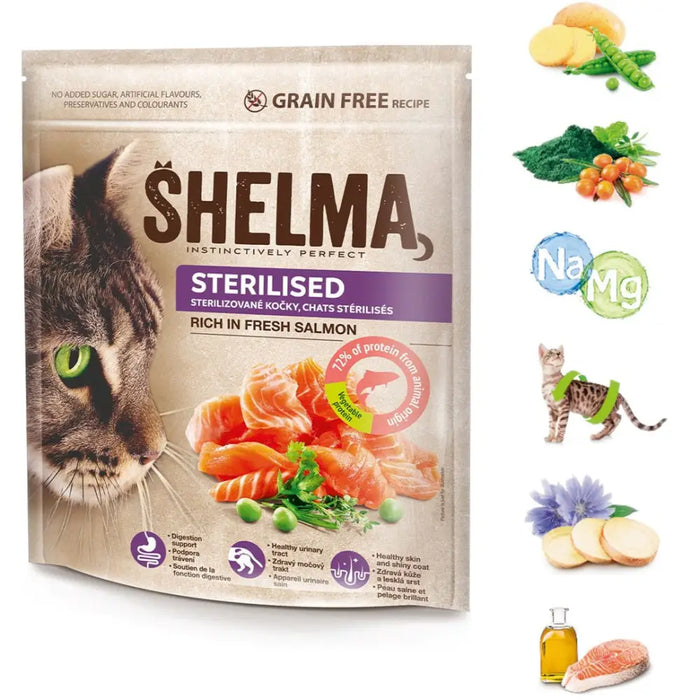 SHELMA Sterilised Богата на сьомга - суха храна за котки