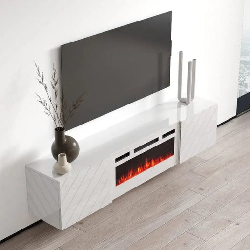 Шкаф RTV LUXE 182.6x34.5x37.5 бял/бял гланц + бяла камина