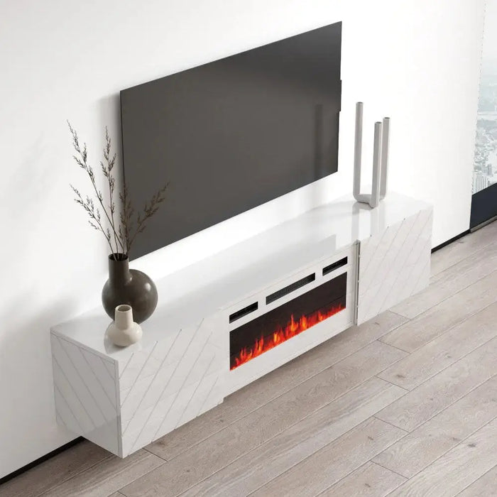 Шкаф RTV LUXE 182.6x34.5x37.5 бял/бял гланц + бяла камина