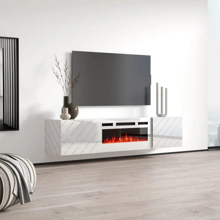 Шкаф RTV LUXE 182.6x34.5x37.5 бял/бял гланц + бяла камина