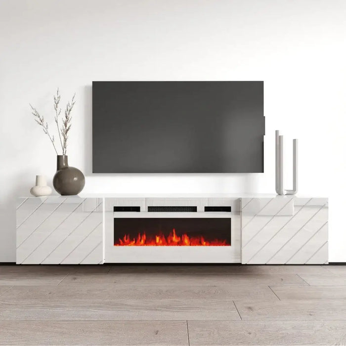 Шкаф RTV LUXE 182.6x34.5x37.5 бял/бял гланц + бяла камина