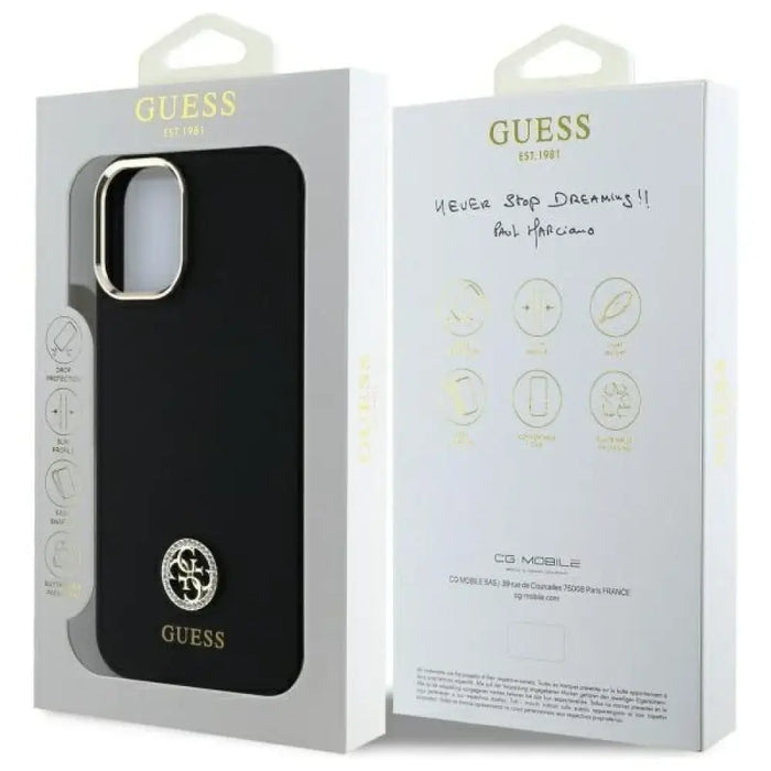 Силиконов 4G калъф Guess Logo Strass за iPhone 16 - черен