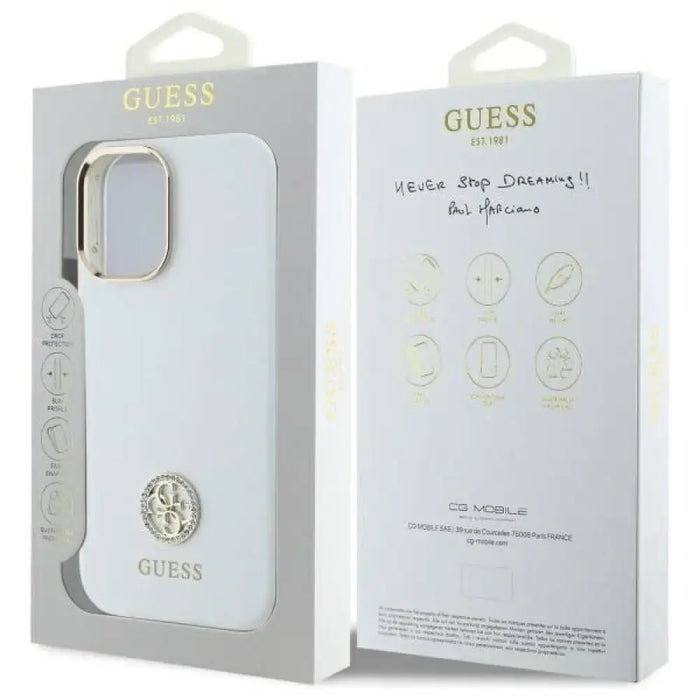 Силиконов 4G калъф Guess Logo Strass за iPhone 16 - бял