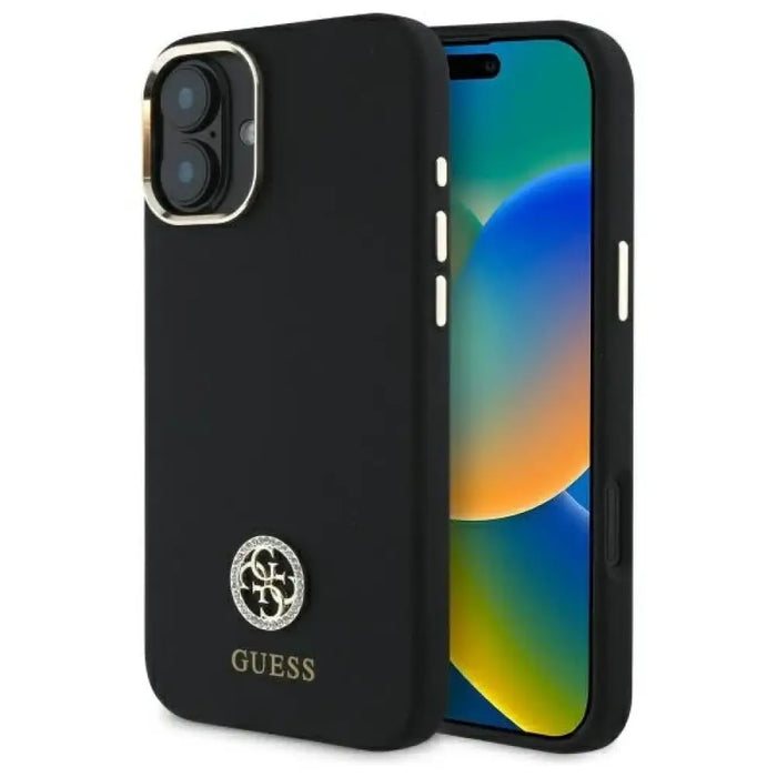 Силиконов 4G калъф Guess Logo Strass за iPhone 16 - черен