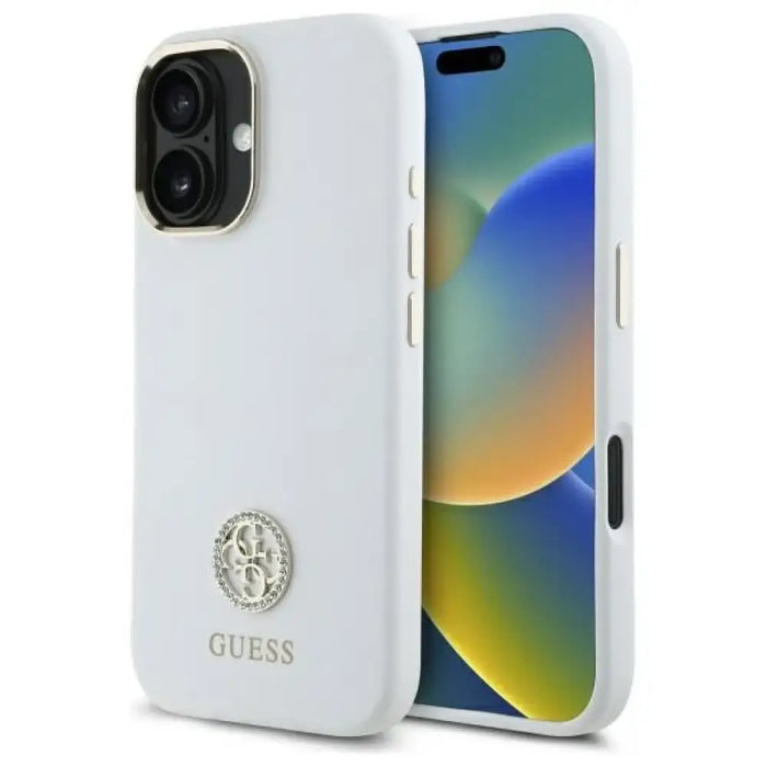 Силиконов 4G калъф Guess Logo Strass за iPhone 16 - бял