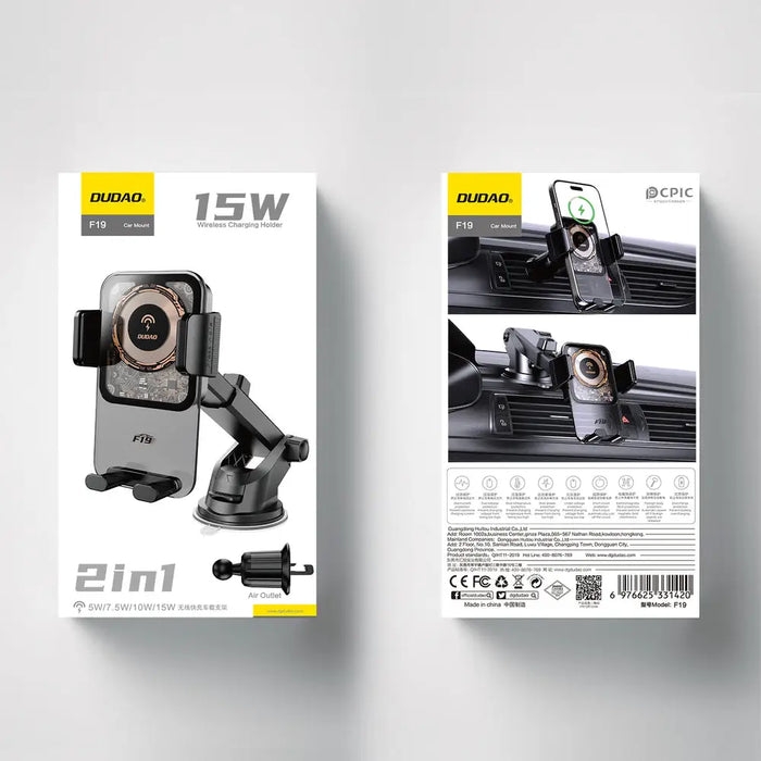 Скоба за кола Dudao F19 с индуктивно зарядно 15W - черна