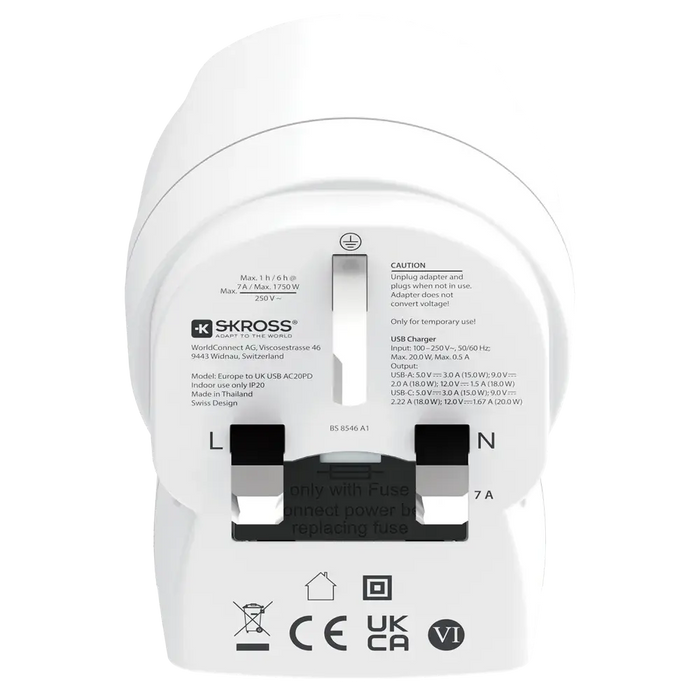 Skross универсален адаптер Europe to UK + 1 x USB  A/C порт, 20W 1500283E