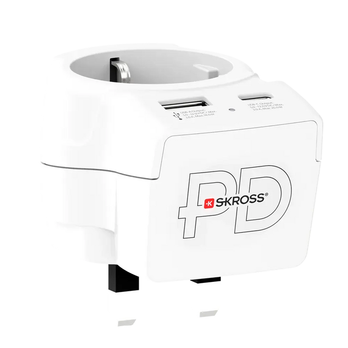 Skross универсален адаптер Europe to UK + 1 x USB  A/C порт, 20W 1500283E