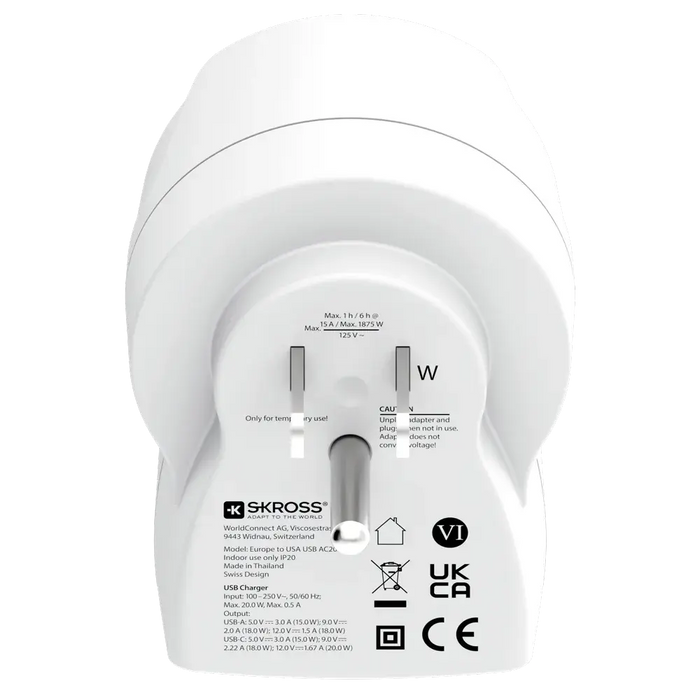 Skross универсален адаптер Europe to USA+1xUSB A/C, 20W , 1500284E