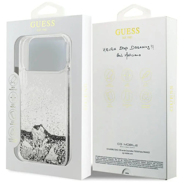 Случай Guess Liq. Glitter Charms за iPhone 17 Pro - сребрист
