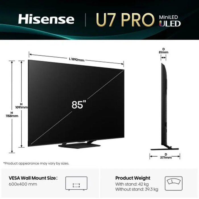 Смарт телевизор Hisense 85U7Q PRO 85’’ 4K Ultra HD LED HDR