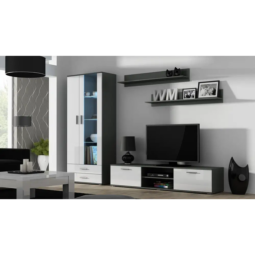 SOHO 8 комплект (TV180 шкаф + S6 + рафтове) Сив / Бял гланц