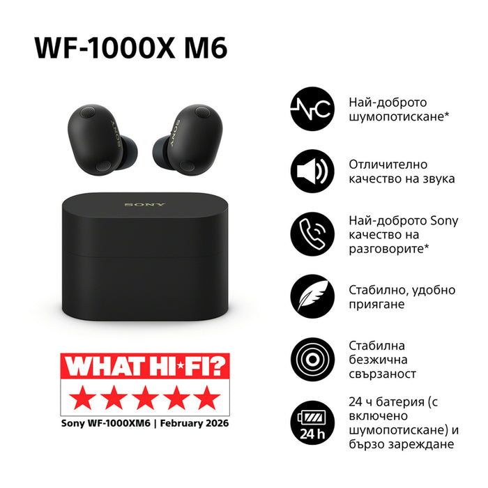 True wireless слушалки SONY WF1000XM6B WITH ANC БЕЗЖИЧНА ВРЪЗКА, ЧЕРЕН