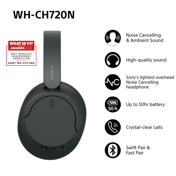 Слушалки Sony WH-CH720, кабелни и безжични, с лента за глава, разговори/музика, USB Type-C, Bluetooth, черни