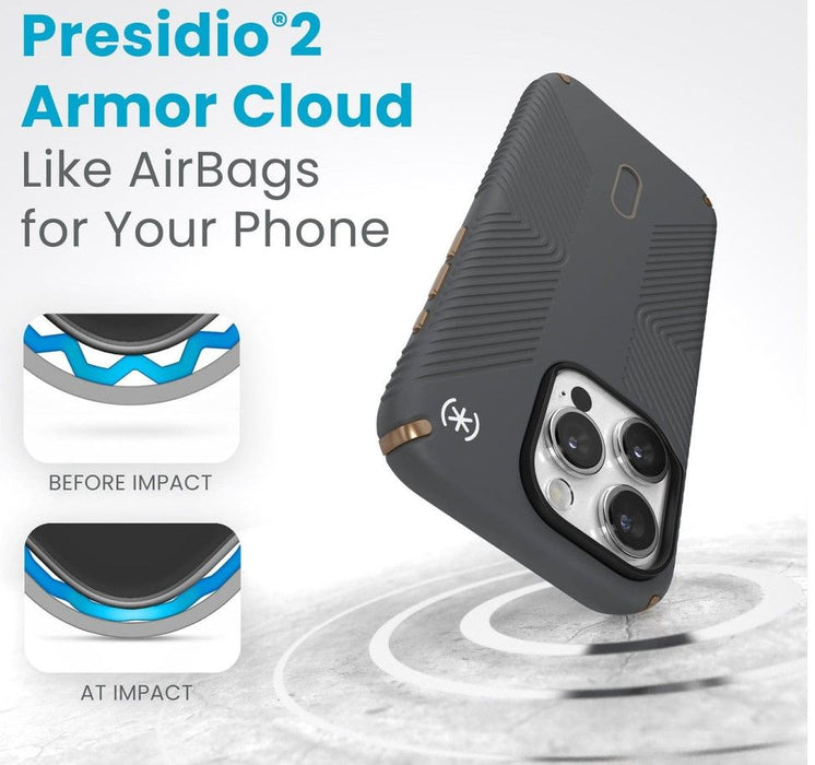 Калъф Speck - Presidio 2 Grip, iPhone 15 Pro, MagSafe ClickLock, сив