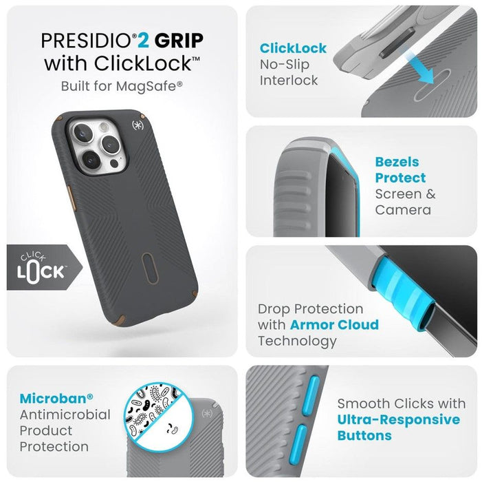 Калъф Speck - Presidio 2 Grip, iPhone 15 Pro, MagSafe ClickLock, сив