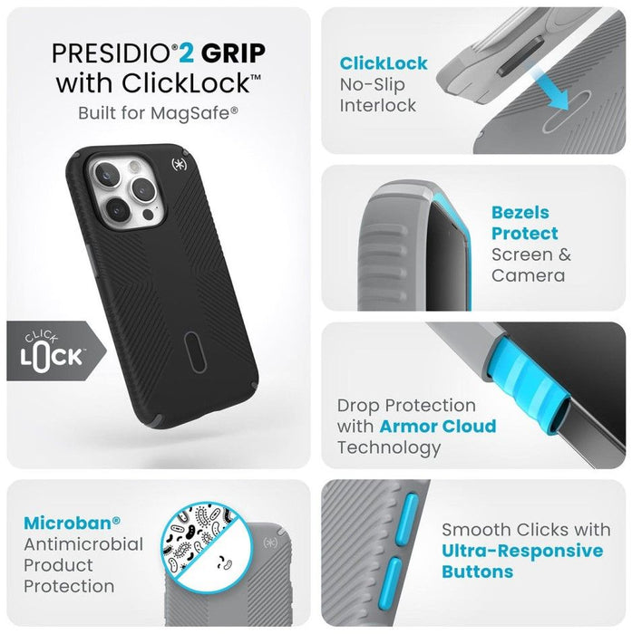 Калъф Speck - Presidio 2 Grip, iPhone 15 Pro, MagSafe ClickLock, черен