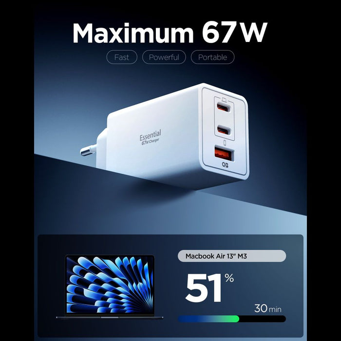 Зарядно за стена Spigen Essential EE673EU с 3 порта, 67W - бяло