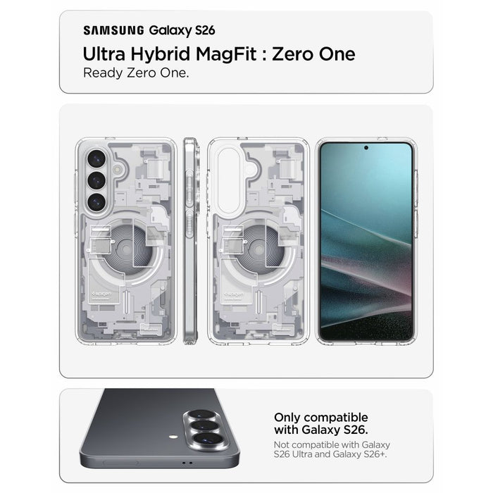 Калъф Spigen Ultra Hybrid Mag MagSafe за Samsung Galaxy S26 Zero One - прозрачен и бял