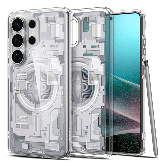 Калъф Spigen Ultra Hybrid Mag MagSafe за Samsung Galaxy S26 Ultra Zero One - прозрачен и бял