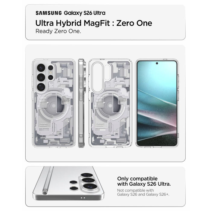 Калъф Spigen Ultra Hybrid Mag MagSafe за Samsung Galaxy S26 Ultra Zero One - прозрачен и бял