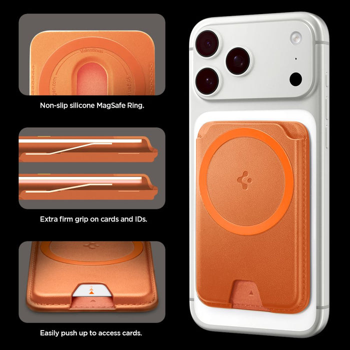 Магнитен портфейл за телефон Spigen Valentinus MagFit+ MagSafe - оранжев