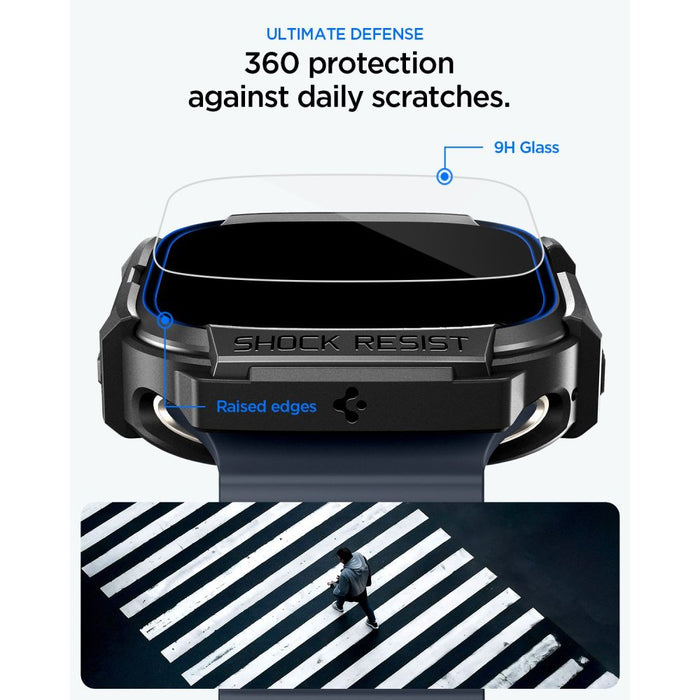 Калъф Spigen Rugged Armor + 9H закалено стъкло за Apple Watch Ultra 49mm - матово черно