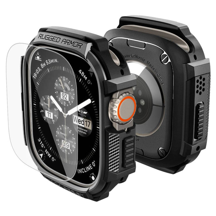 Калъф Spigen Rugged Armor + 9H закалено стъкло за Apple Watch Ultra 49mm - матово черно